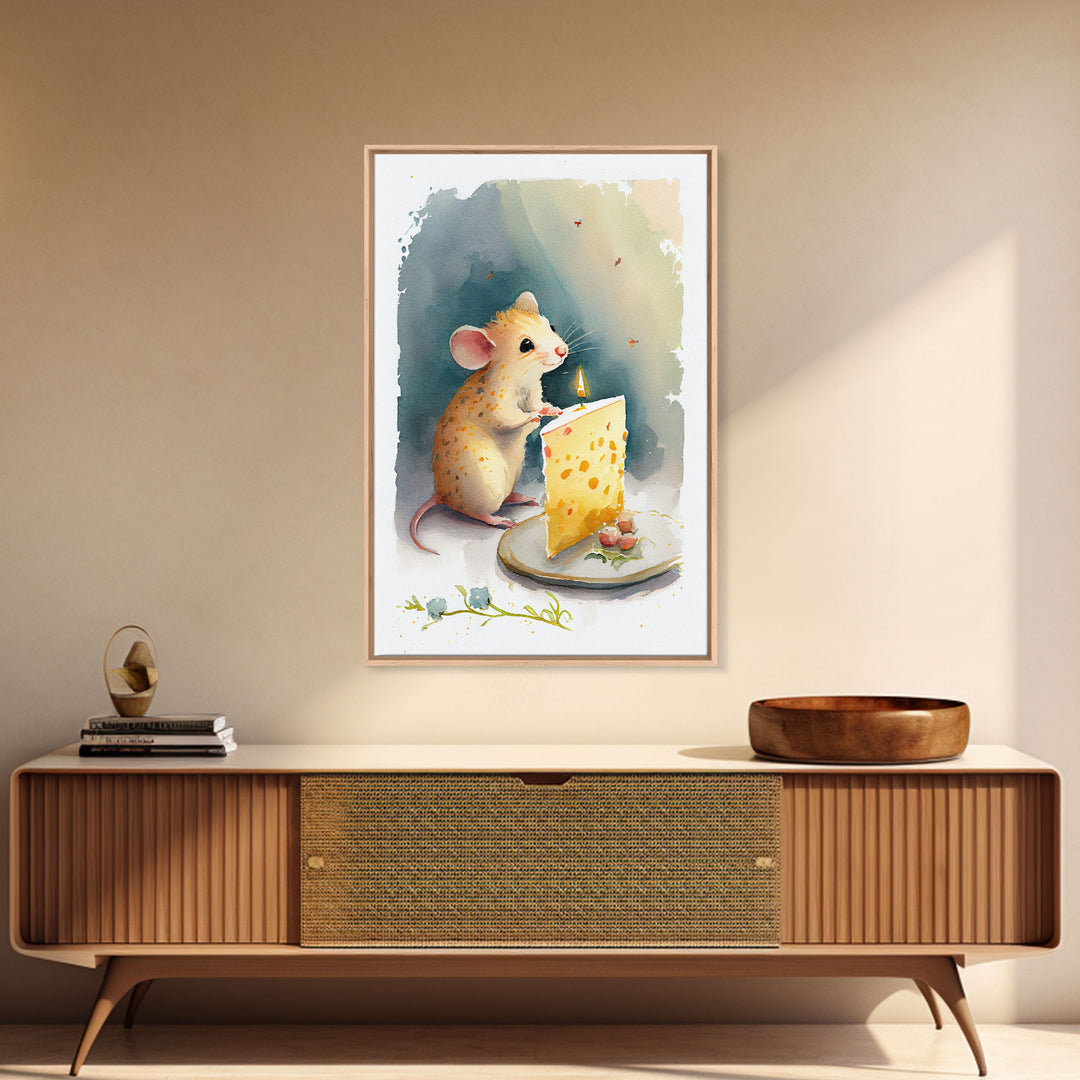 Cute mouse birthday party Watercolor Print, Mouse Art Painting, Framed Canvas Print, Cute mouse cartoon