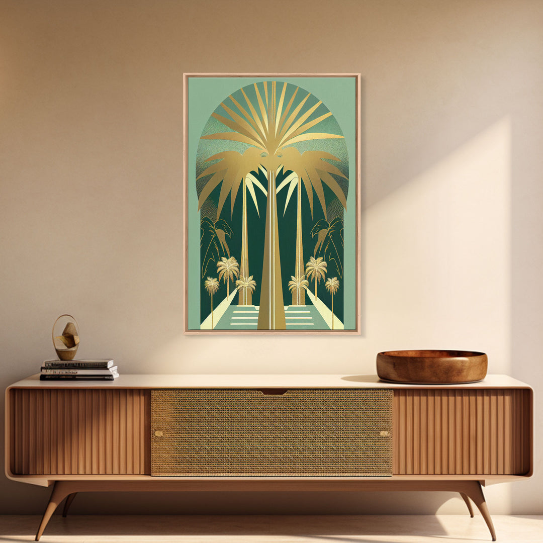 Boho Modern Frank Lloyd Wright-inspired Art Deco Canvas Print, Emerald Green and Gold Palm Tree, wall decor, wall art original, MCM Art