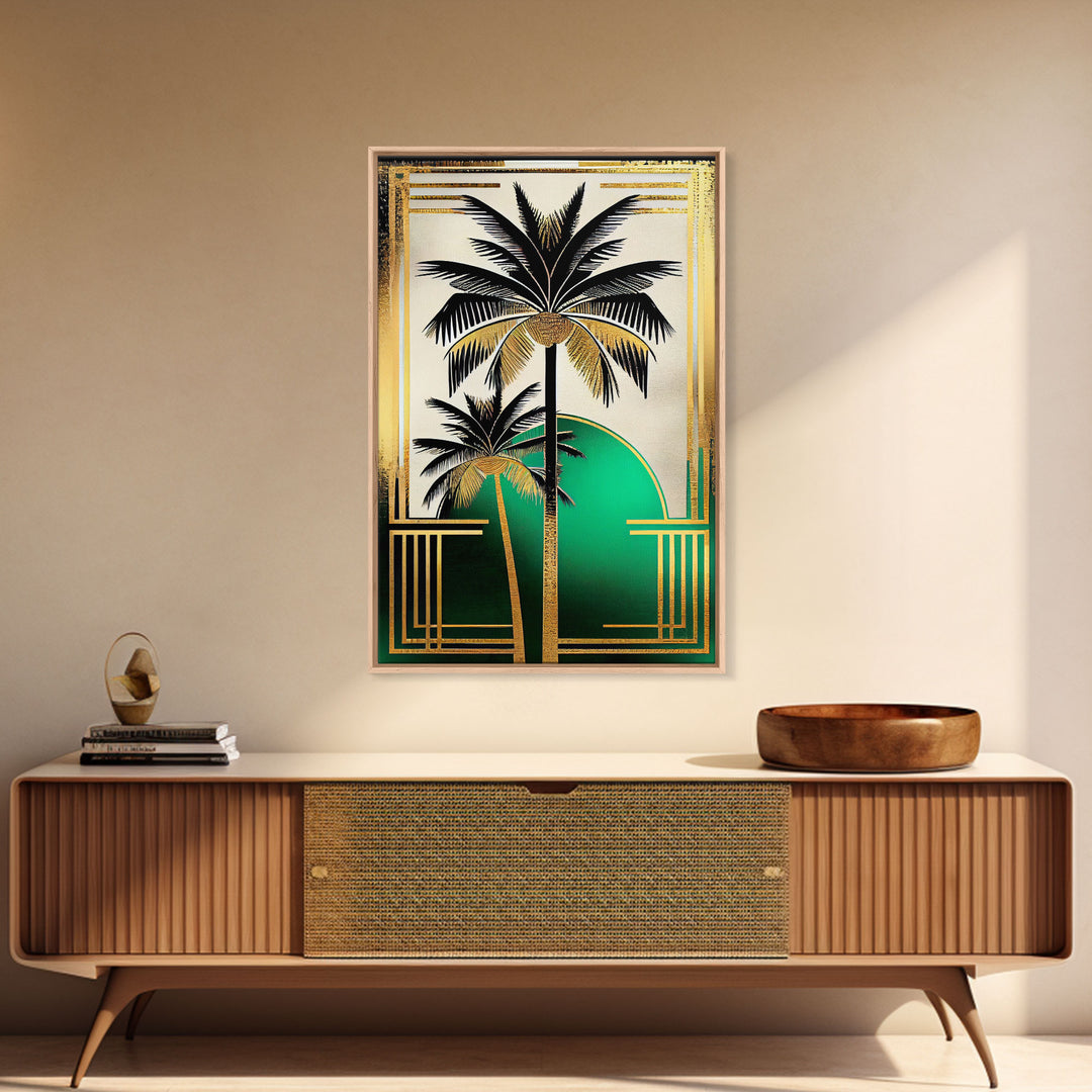 Boho Modern Frank Lloyd Wright-inspired Art Deco Canvas Print, Emerald Green and Gold Palm Tree, wall decor, wall art original, MCM Art