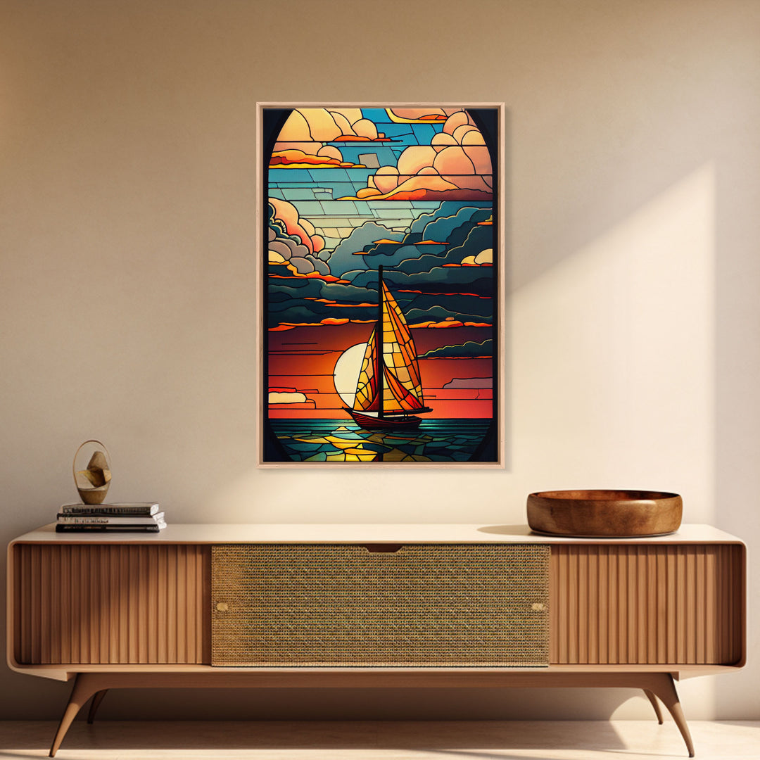 Art Deco Wall Art, Sailboat and Sunset Framed Canvas Print, Art Deco / MCM Wall Art, Stained Glass Reflections