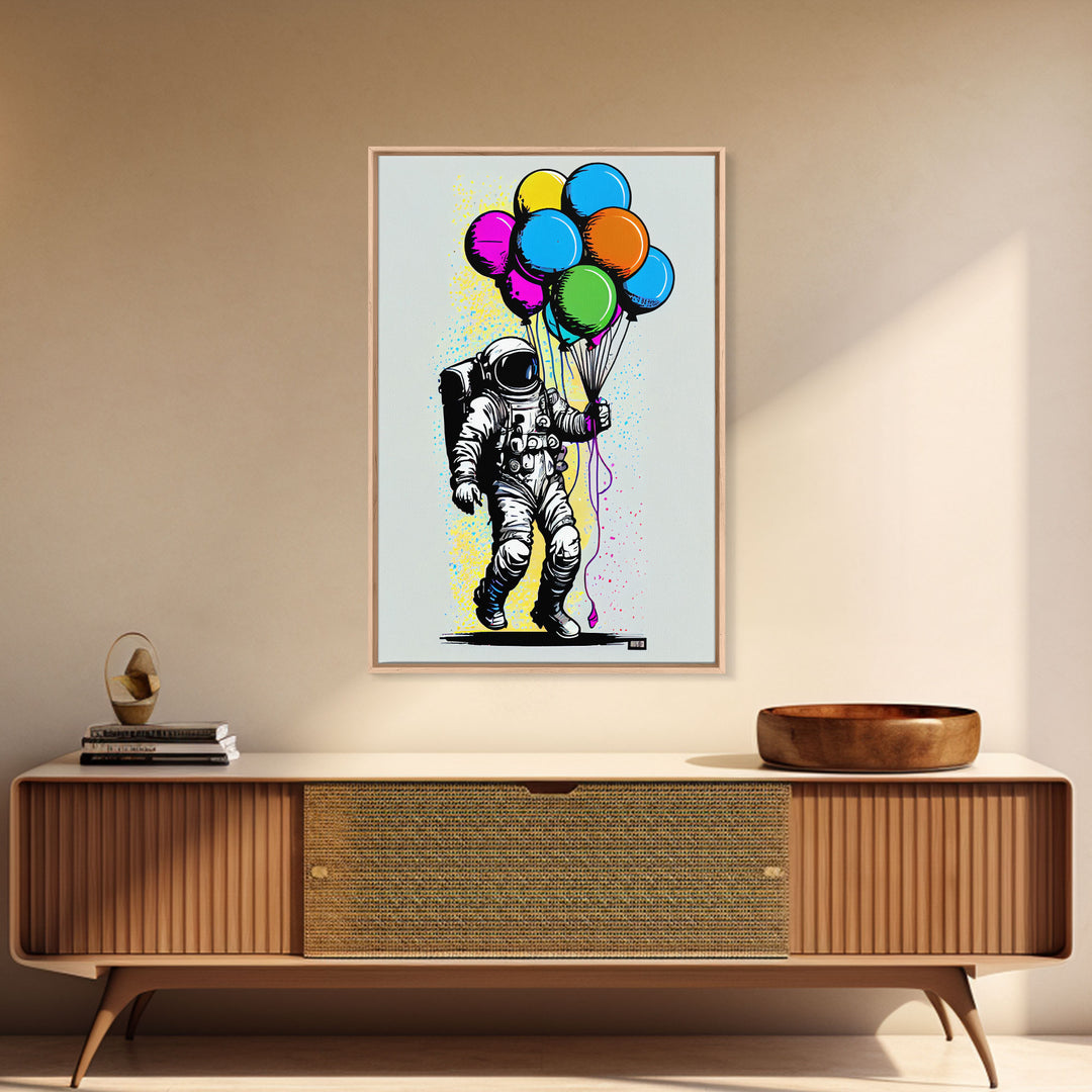 Urban Wall Art, Banksy Inspired, Astronaut Holding Colorful Balloons, Framed Canvas Print, Graffiti Art