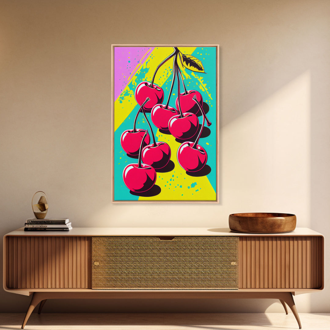 Pop Art Cherry Painting Canvas Print, Framed Art, MCM Style, Midcentury Modern Pop Art, Retro Comic Book Style Wall Art