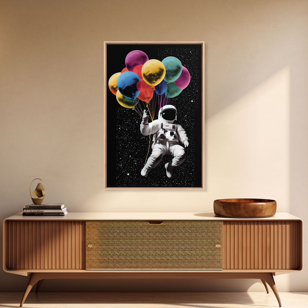 Urban Wall Art, Banksy Inspired, Astronaut Holding Colorful Balloons, Framed Canvas Print, Graffiti Art, Space Art