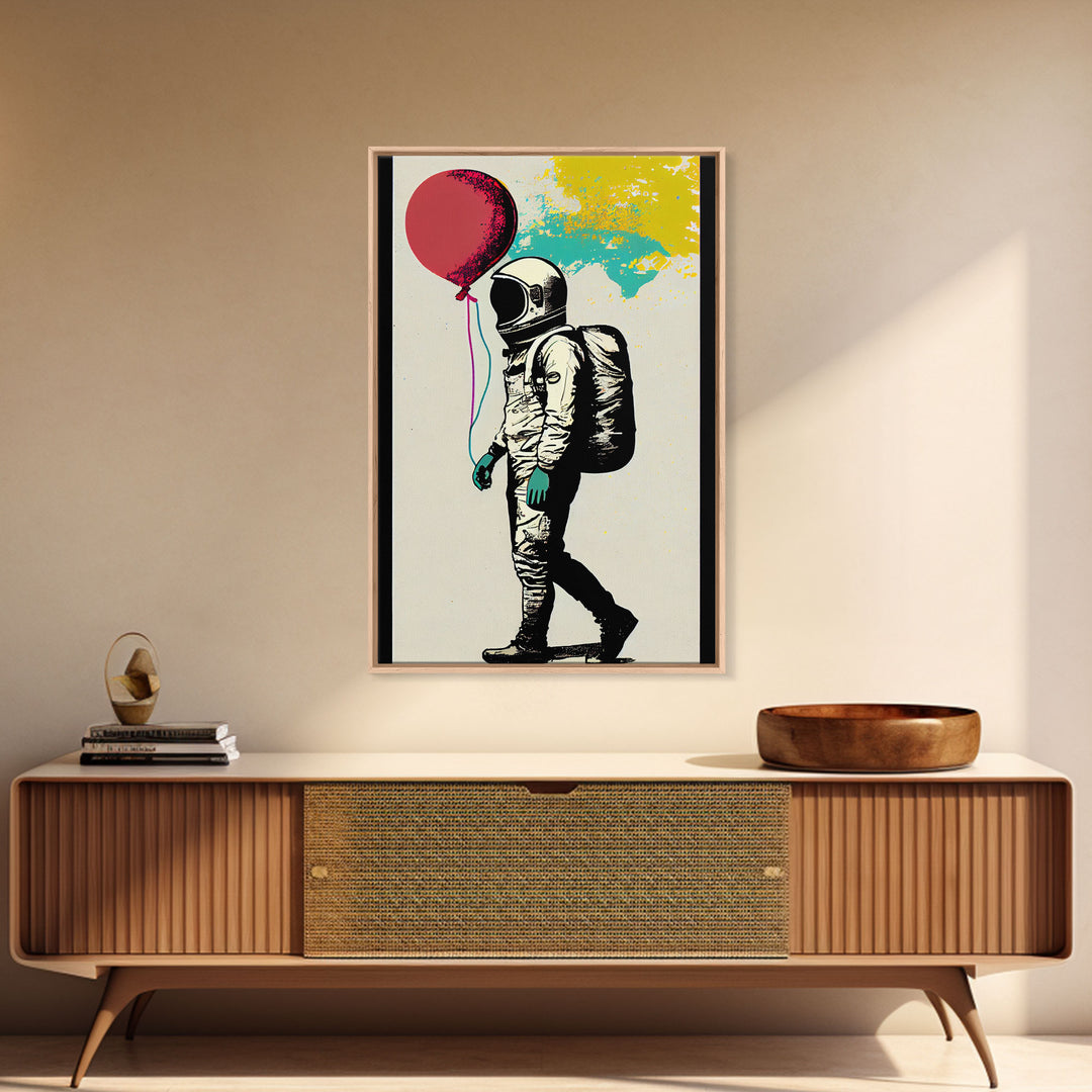 Urban Wall Art, Banksy Inspired, Astronaut Holding Colorful Balloons, Framed Canvas Print, Graffiti Art, Space Art