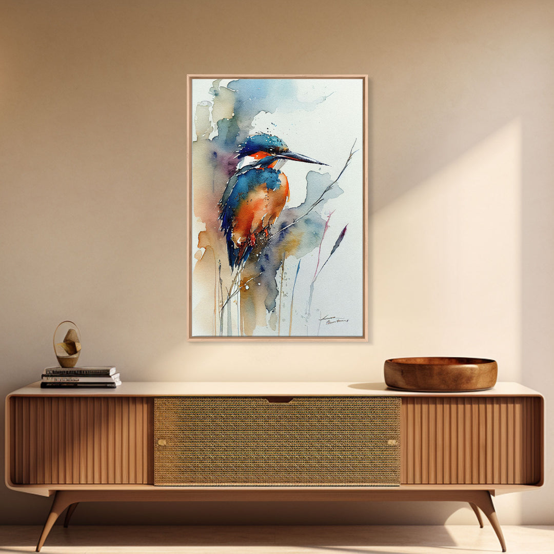 Watercolor of a Kingfisher, Framed Canvas Print, Bird Painting, Bird Watcher Art, Blue and Orange Kingfisher Watercolor Painting