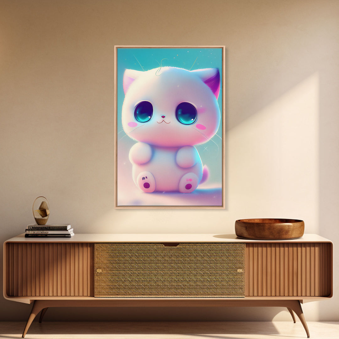 Cute Kawaii Kitten, Anime Style Art, Framed Canvas Print, Framed Art, Cat Portrait, Cartoon Cat