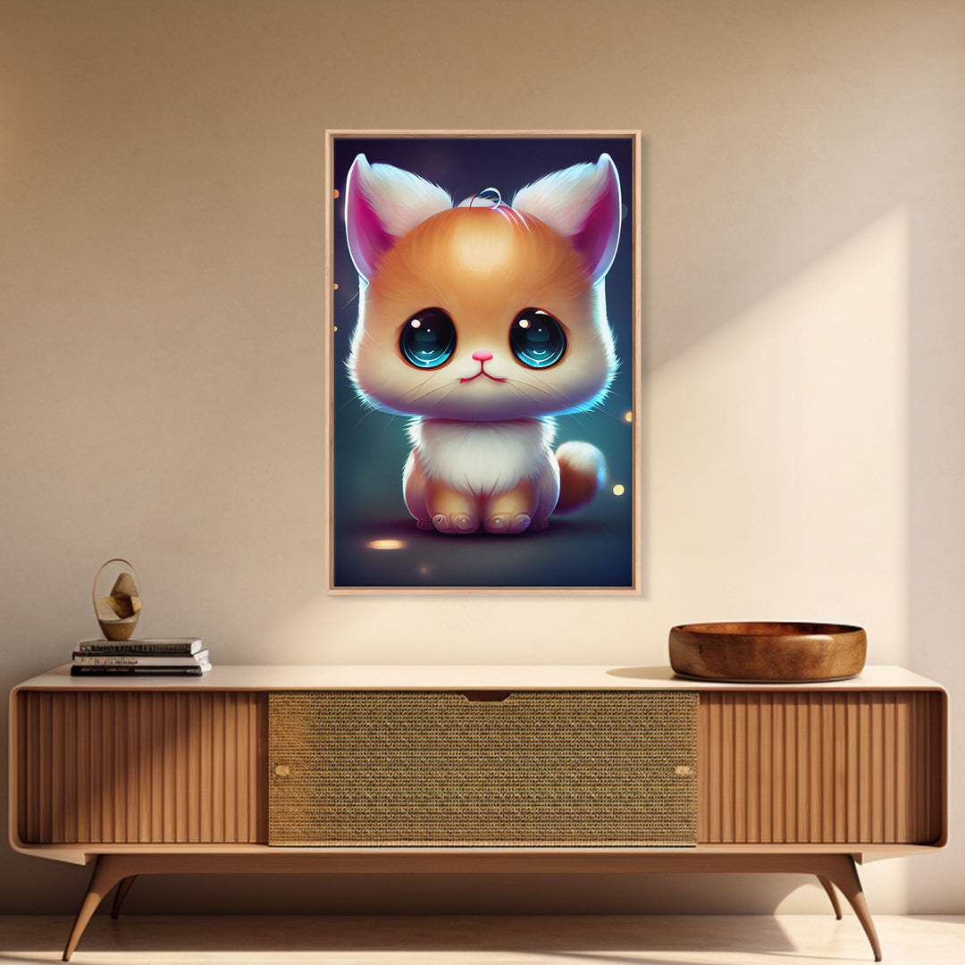 Cute Kawaii Kitten, Anime Style Art, Framed Canvas Print, Framed Art, Cat Portrait, Cartoon Cat, Kawaii Artwork