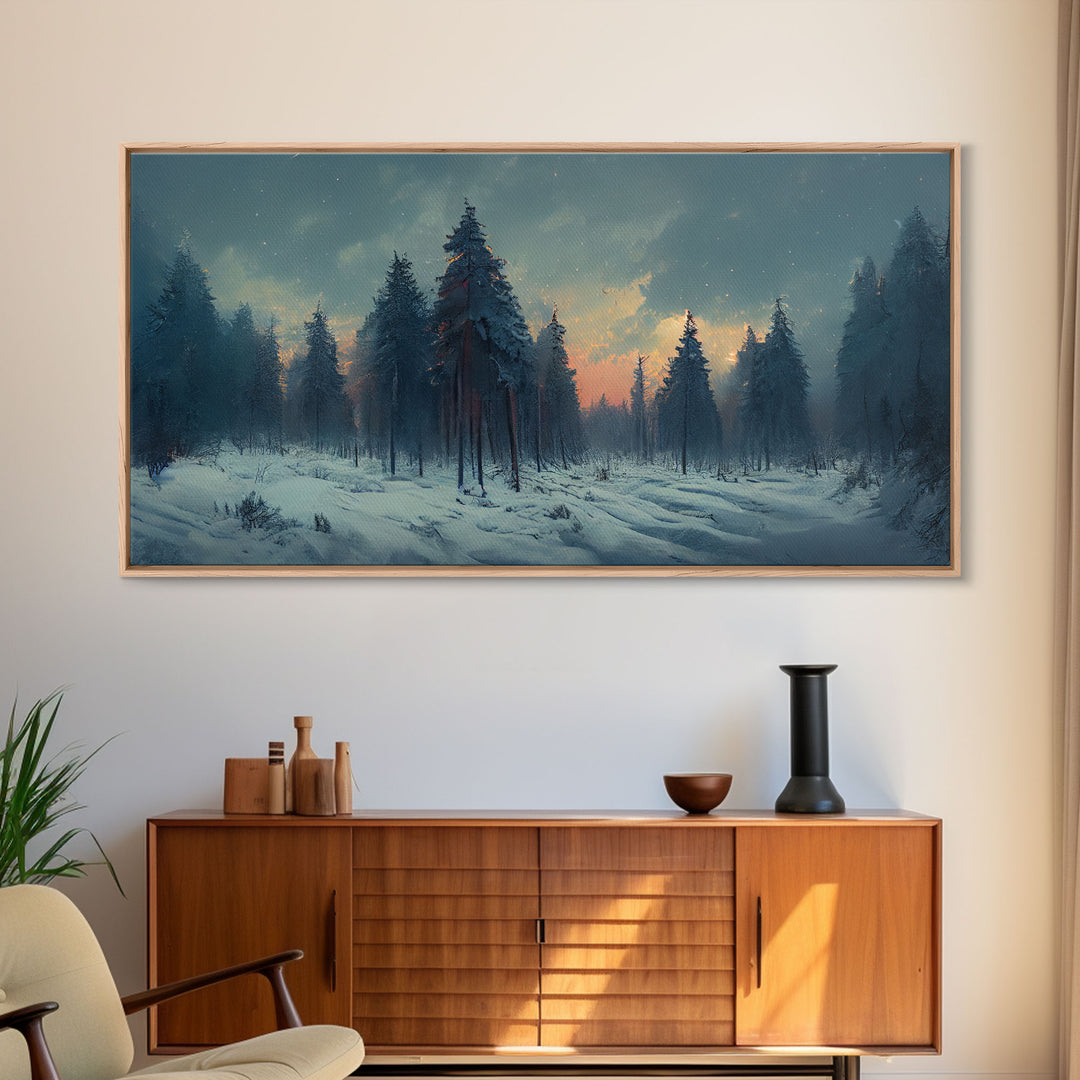 Snowy Forest, Dreamy Landscape Painting Canvas Print, country side, farmhouse decor, beautiful scenic wall art, golden hour