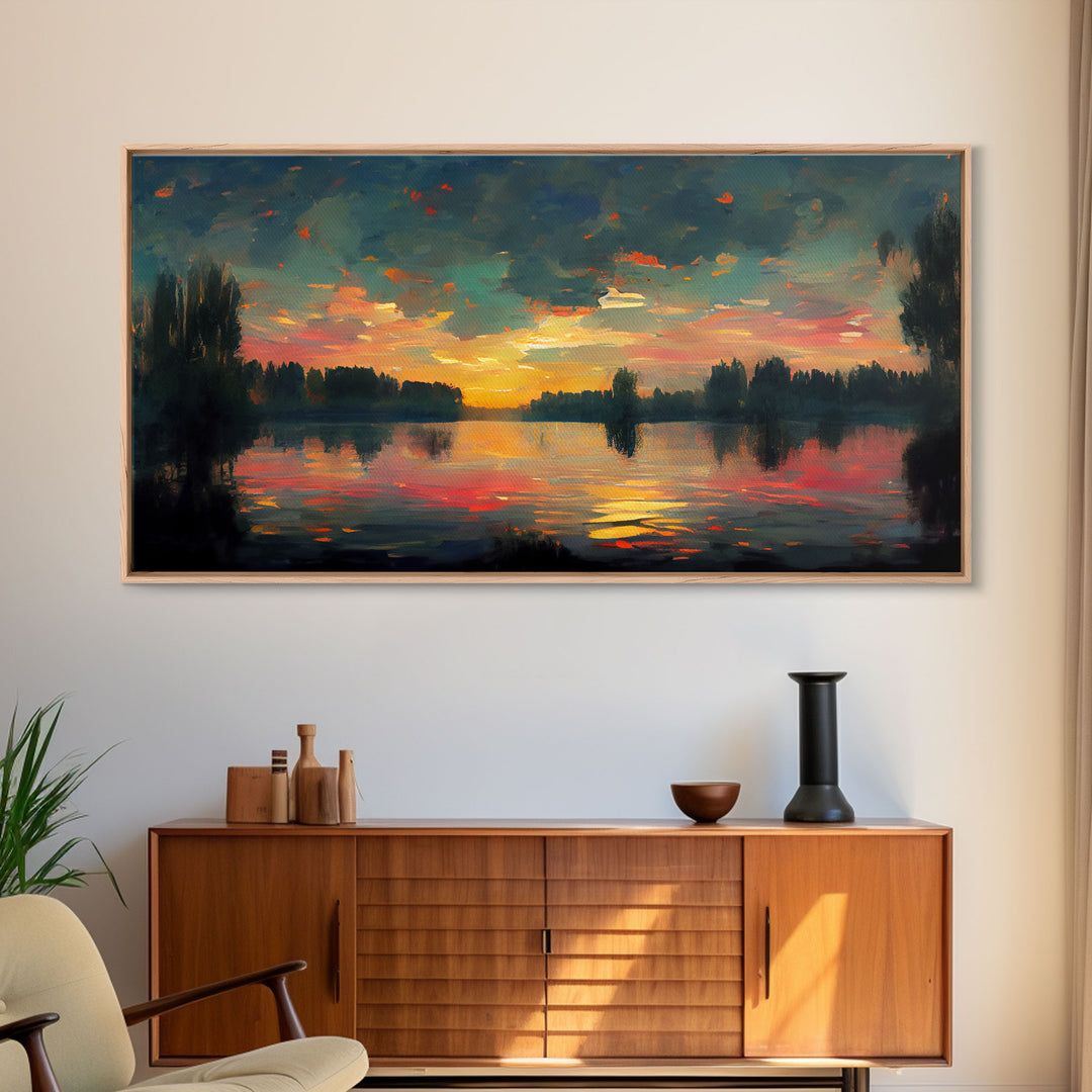 Lakehouse Canvas Print, watercolor painting of a sunset reflected on a lake