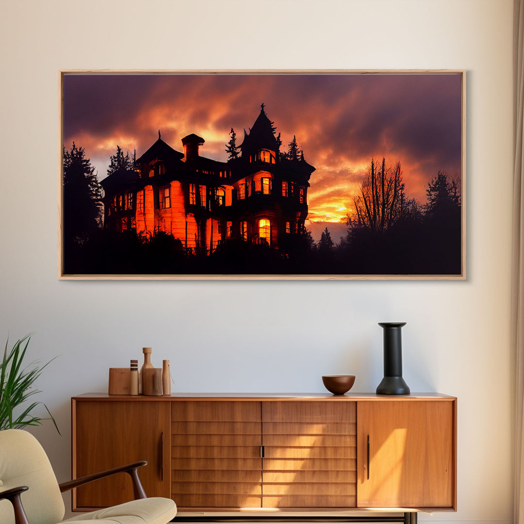 Spooky Halloween Wall Art, Haunted House Canvas Print, Ready to hang canvas, orange creepy house at night, Wall Decor