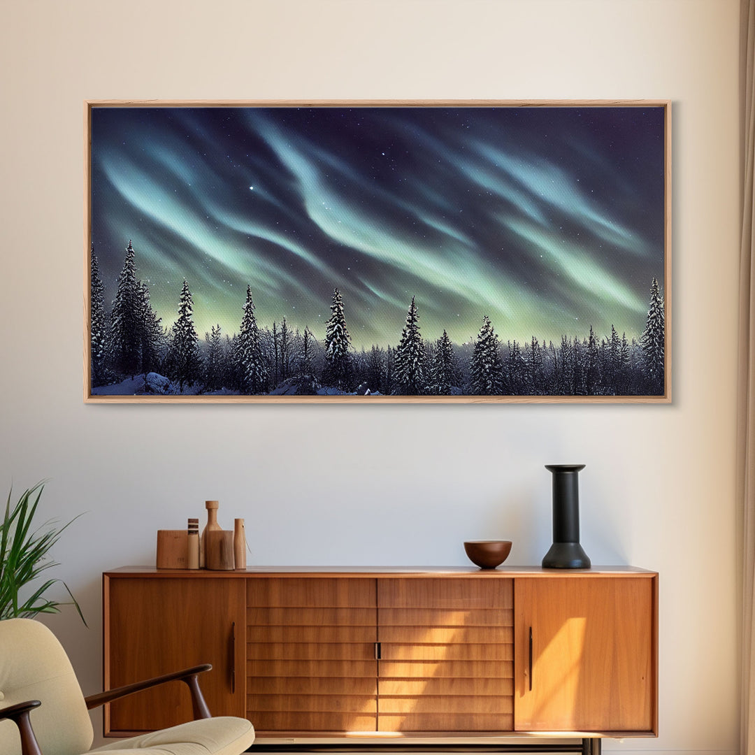 Aurora borealis over a snowy northern forest, canvas print, scenic winter landscape art, northern lights