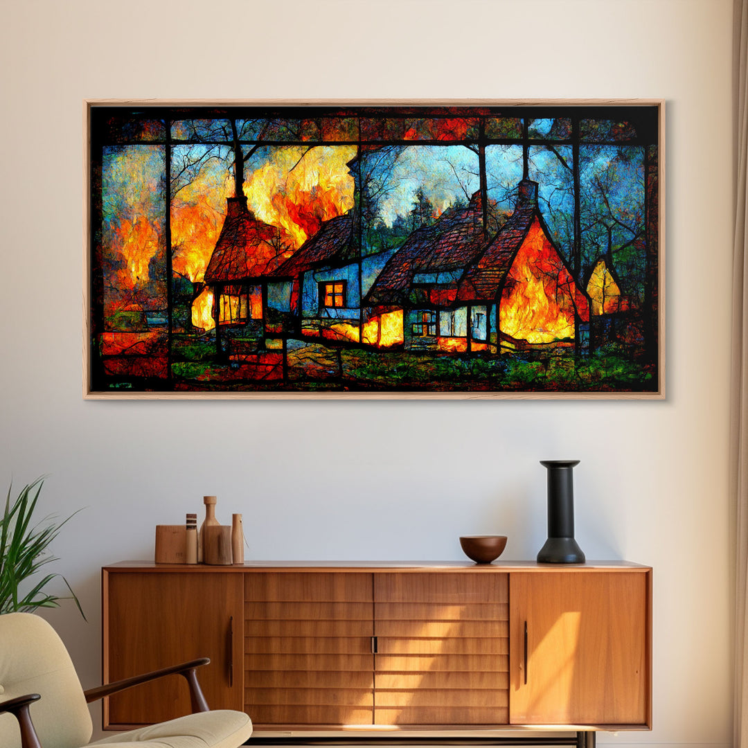 Stained Glass Cottage On Fire, Canvas print, negative art, house on fire depicted in stain glass, cool wall art