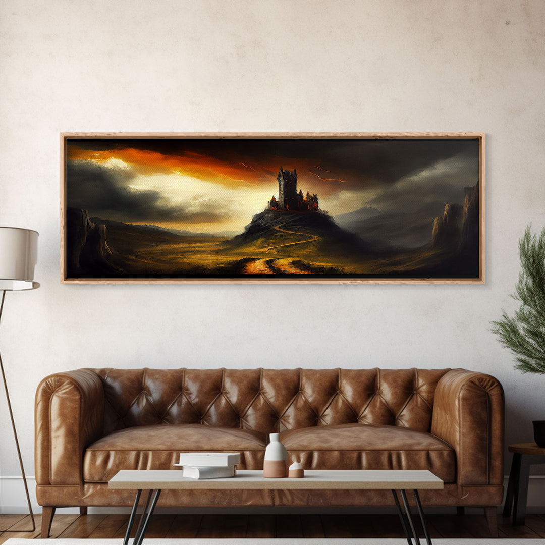 Panoramic Dark Fantasy Wall Art, Framed Canvas, Wood Frame Art, The Dark Castle Oil Painting Fantasy Decor, DND Art