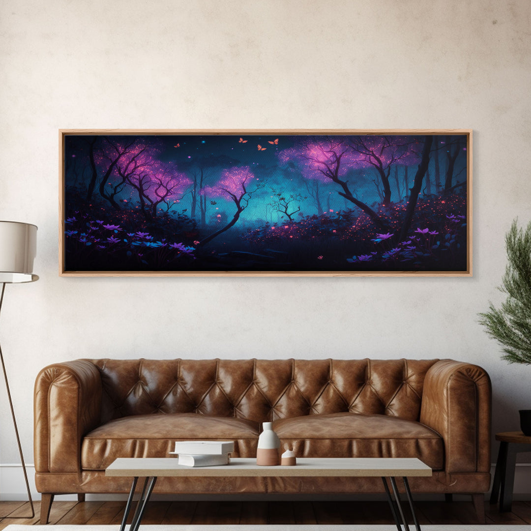 Beautiful Fantasy Forest, Framed Canvas Print, Fantasy Art, Butterflies and Fireflies Light up a Fairy Forest At Night, Framed Wall Art