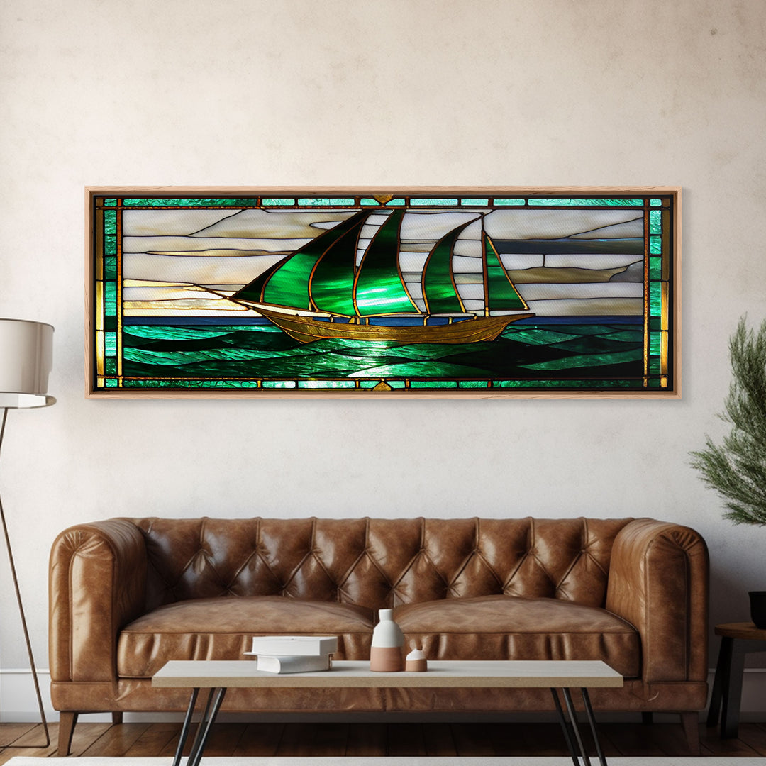 Panoramic Art Deco Sail Boat, Stained Glass, Early 20s Style Art, Roarin' 20s Art, Nautical Theme Framed Canvas Print, Extra Large Art