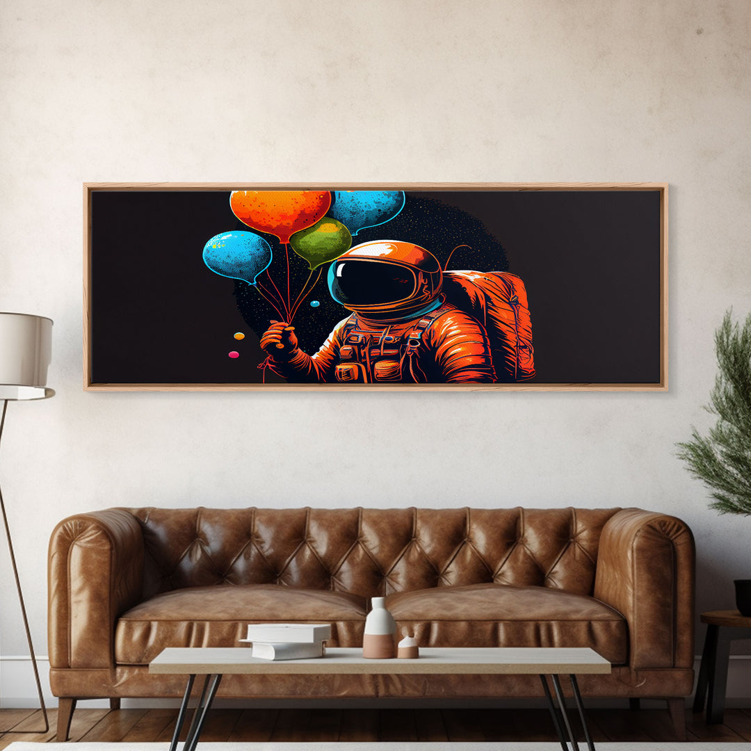 Psychedelic Astronaut Holding Balloons in Space, Framed Canvas Print, Crypto Art, To The Moon