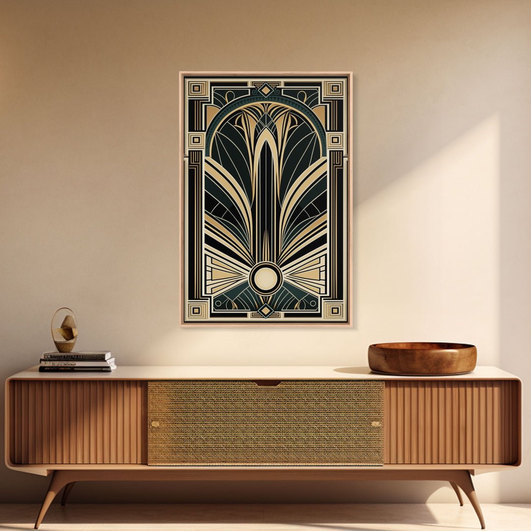 Art Deco Wall art, Framed Canvas Print, Art Deco, Gold & green art, Geometric art, Midcentury Modern, Stained glass art, Office decor