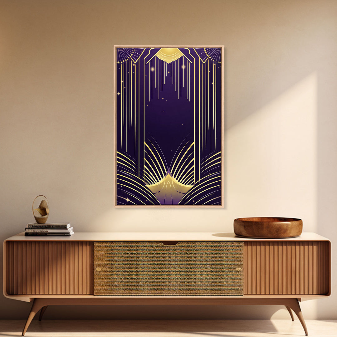 Midcentury Modern Wall art, Framed Canvas Print, Art Deco, Pattern art, Gold & purple art, Living room art, Bright colors, Lines art