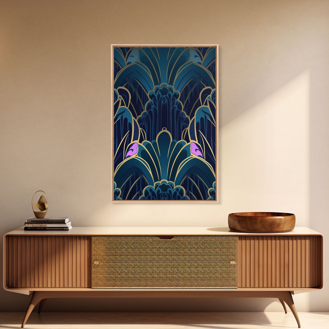 Midcentury Modern Wall art, Framed Canvas Print, Art Deco, Patterns art, Abstract nature, Blue & gold art, Lines art, Colorful painting