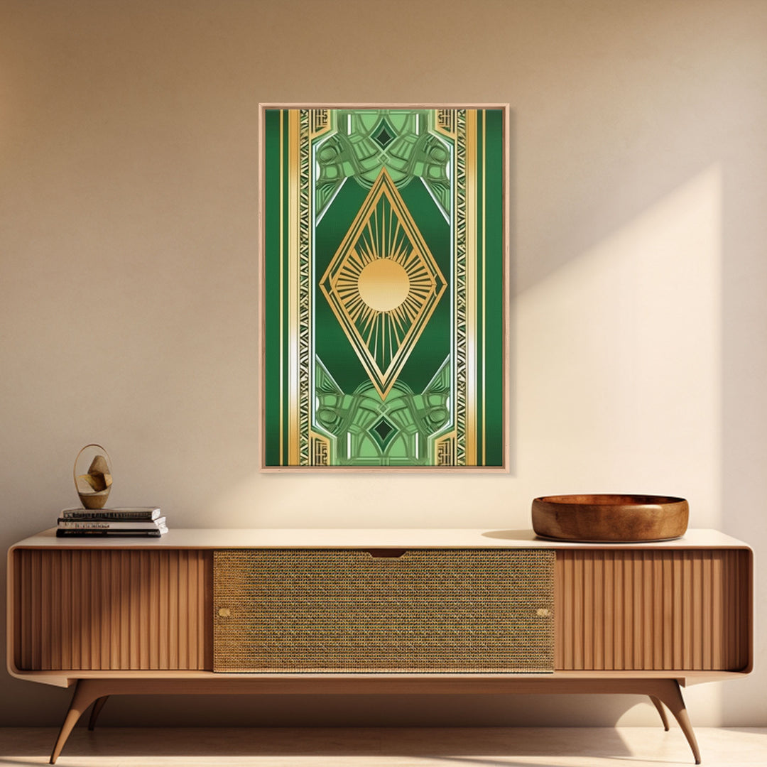 Midcentury Modern Wall art, Framed Canvas Print, Art Deco, Gold & green art, Framed painting, Original painting, Office decor, Geometric art