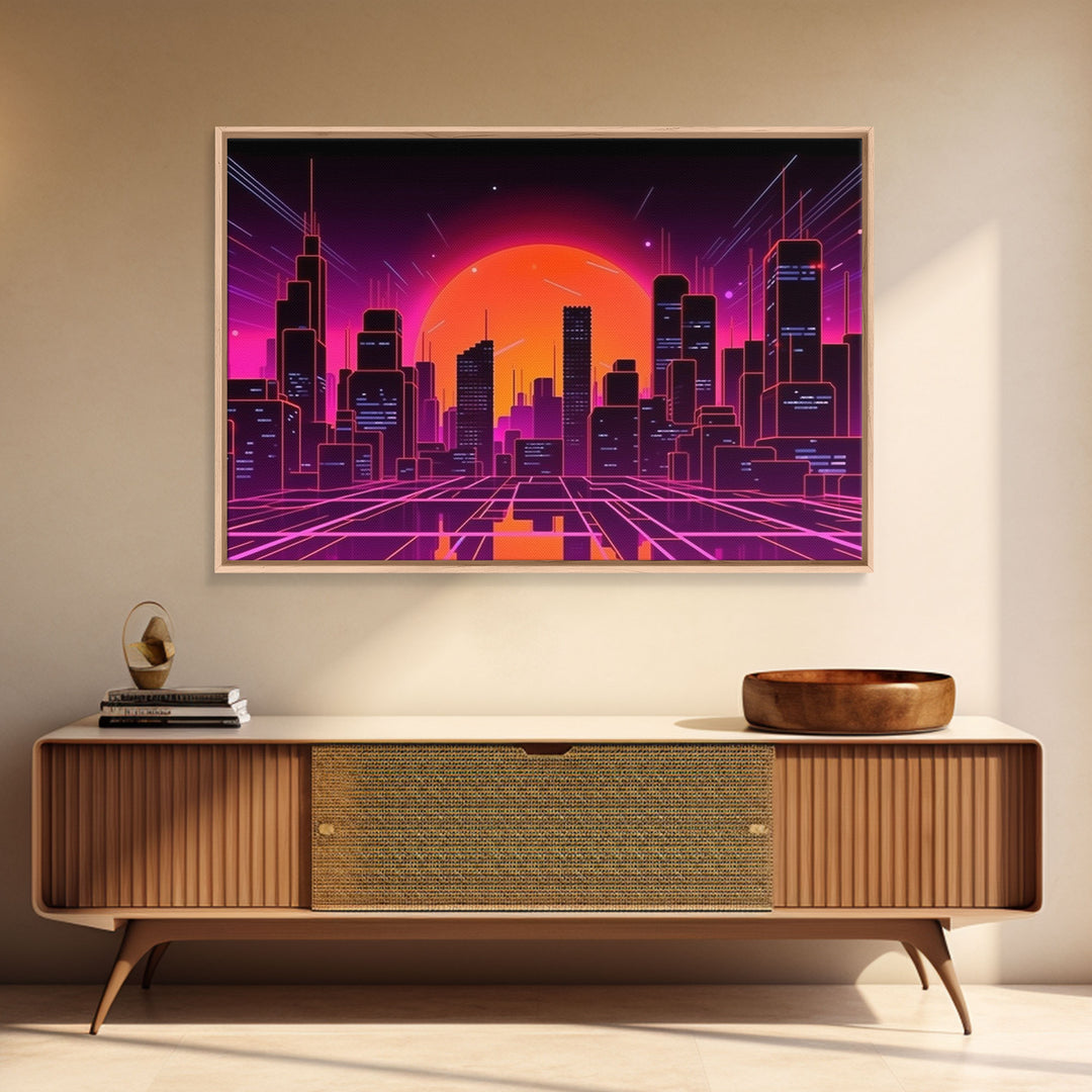 City Wall Art | Framed Canvas Print | Living room art | Lines | Retro | Wonderful art | Landscape | Outrun Style | Futuristic | Synthwave