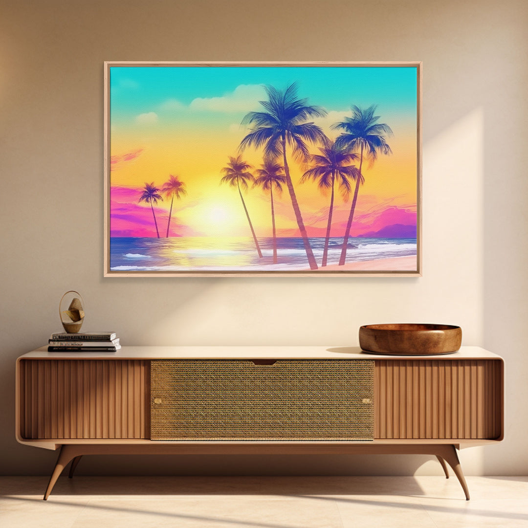 Colorful sunset Wall art, Framed Canvas Print, Synthwave Style, Guest room art, Pop Art Style, Watercolors, Beautiful art, Tropical Art