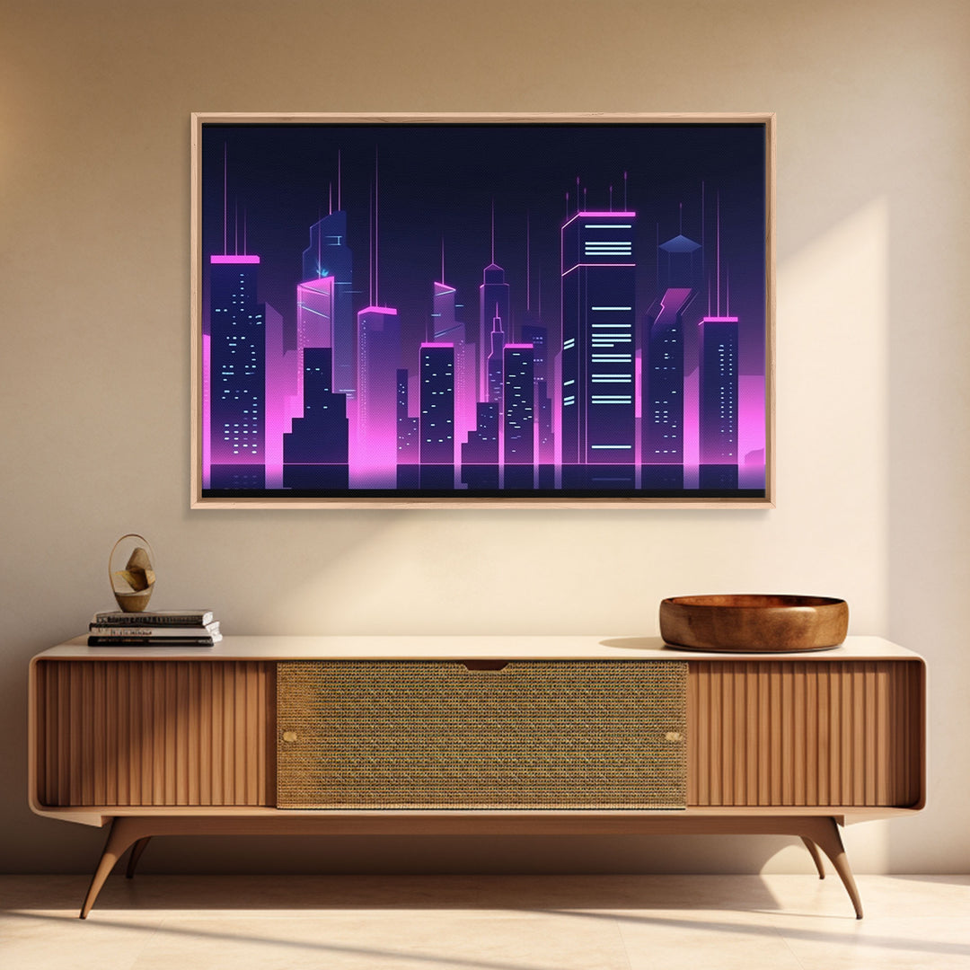 Big City Wall Art | Framed Canvas Print | Living room art | Office decor | Buildings | Outrun Style | Landscape | Night | Pop Art | City