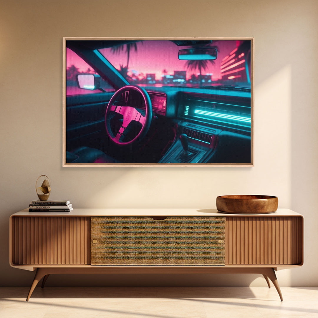 Car interior Wall Art | Framed Canvas Print | Living room art | Neon Lights | Outrun Style | Guest room art | Retro art | Beautiful Art