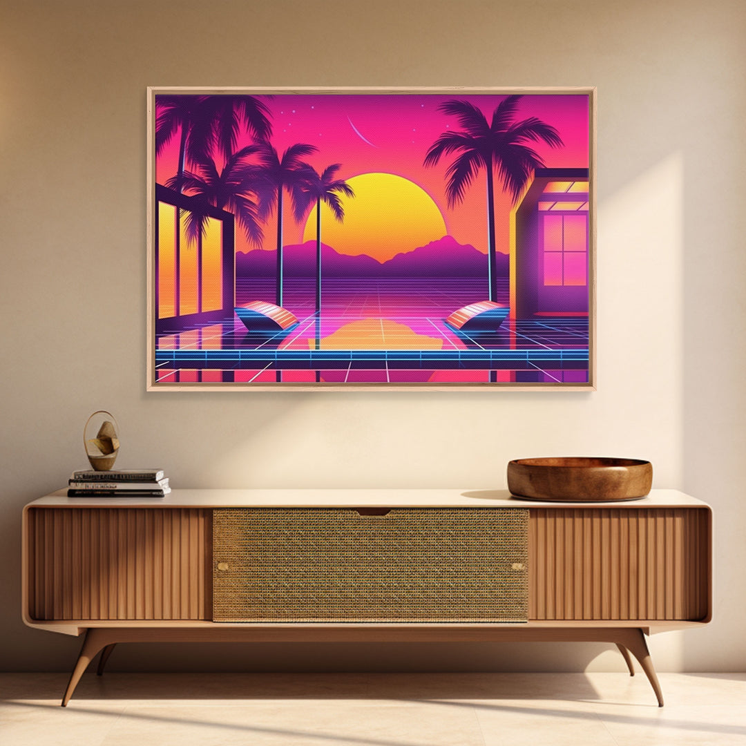 Sunset Penthouse Wall Art, Framed Canvas Print, Pop Art Style, Synthwave Style, Living room art, Colorful painting, Pink colors, Hot sunset