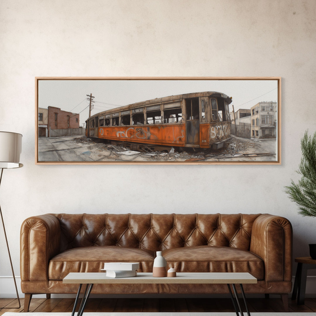 Abandoned Orange Train, Graffiti Art, Urban Art Print, Street Art, Wall Decor, Large Canvas Print, Panoramic, Wall Art, Canvas Print