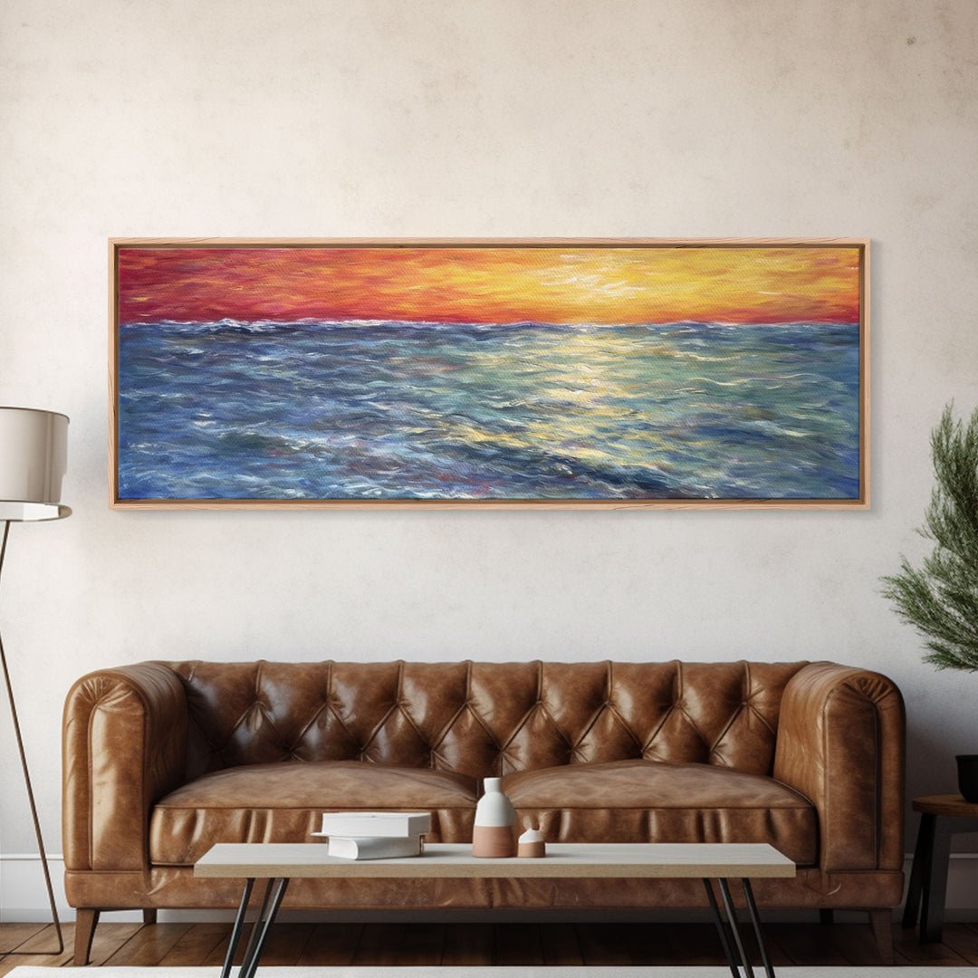 Vibrant Abstract, Framed Art, Sunset, Ocean, Abstract Sea Wall Art, Orange, Blue, Yellow, Abstract Nature, Panoramic, Wall Art, Canvas Print