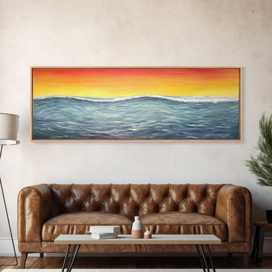 Seascape Canvas Art Print, Ocean, Waves, Horizon, Sunset, Orange, Blue, Yellow, Nature, Wall Decor, Panoramic, Wall Art, Canvas Print