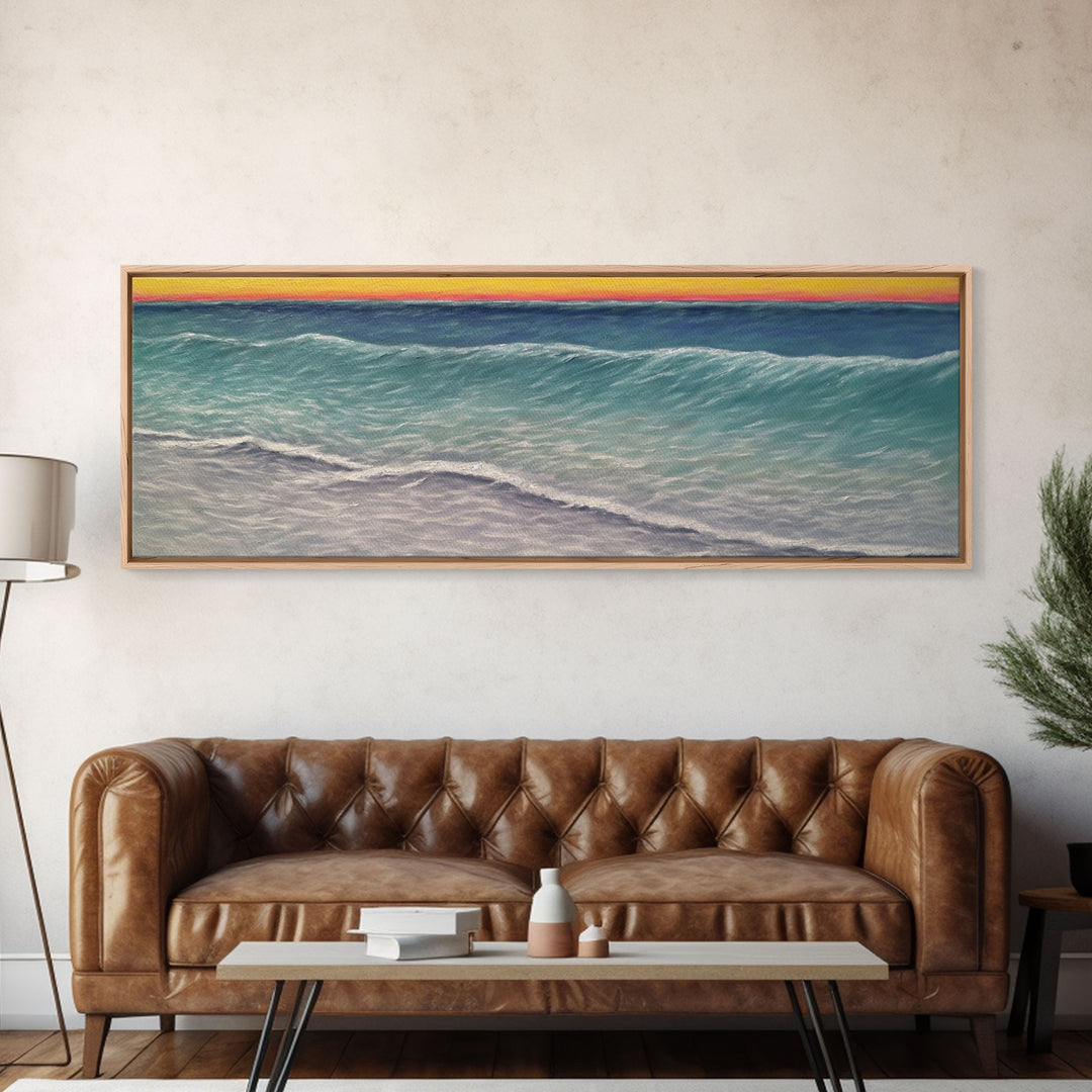 Textured Art Print, Seascape Canvas Art Print, Ocean, Waves, Horizon, Sunset, Orange, Blue, Wall Decor, Panoramic, Wall Art, Canvas Print