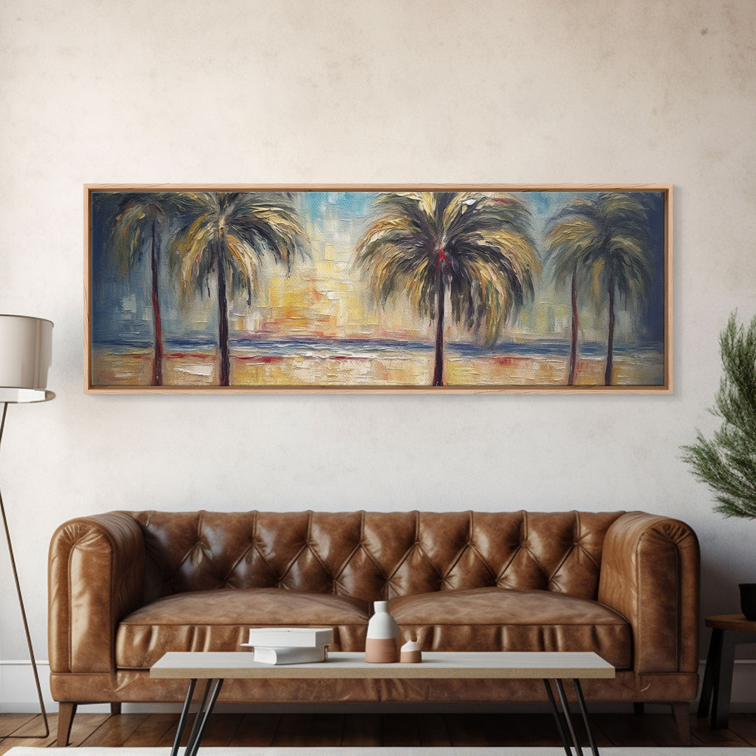 Abstract Beach Canvas Art Print, Sunset, Coconut Trees, Textured Abstract Print, Canvas Wall Art Beach, Panoramic, Wall Art, Canvas Print