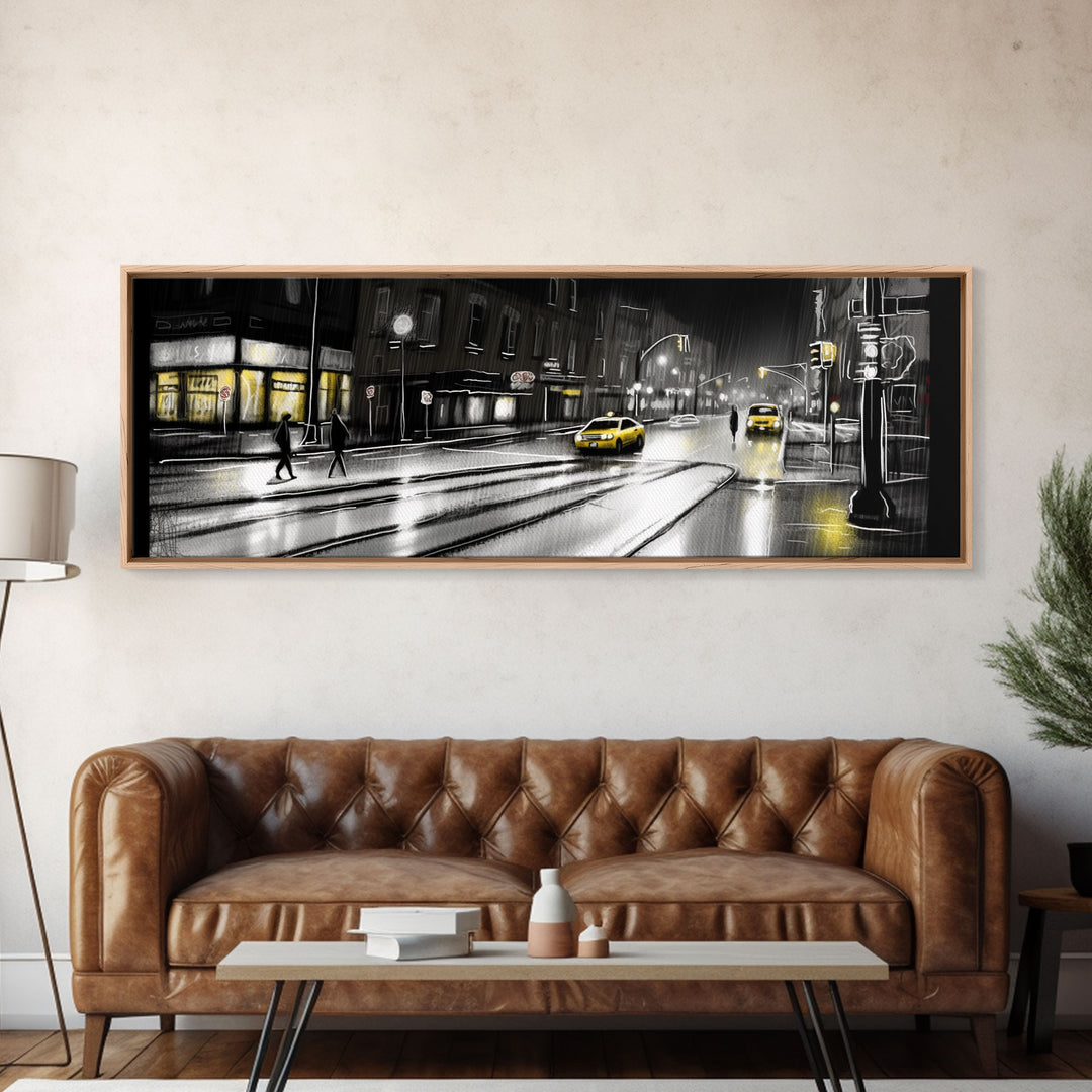 Rainy Night In City, People Crossing Street, Urban Canvas Art, Abstract City Art, Line Art City, Panoramic, Wall Art, Canvas Print