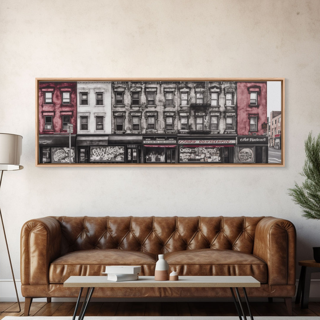 Row Of Buildings Canvas Print, Pencil Sketch City Art, Graffiti Wall Decor, Urban Art Wall Decor, Panoramic, Wall Art, Canvas Print