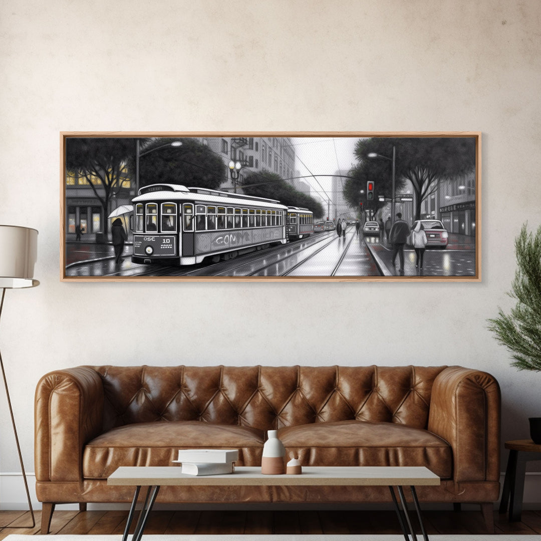 Tram In The City Canvas Print, Large Urban Art Print, City Art, Cityscape, Streetcar Wall Decor, Panoramic, Wall Art, Canvas Print