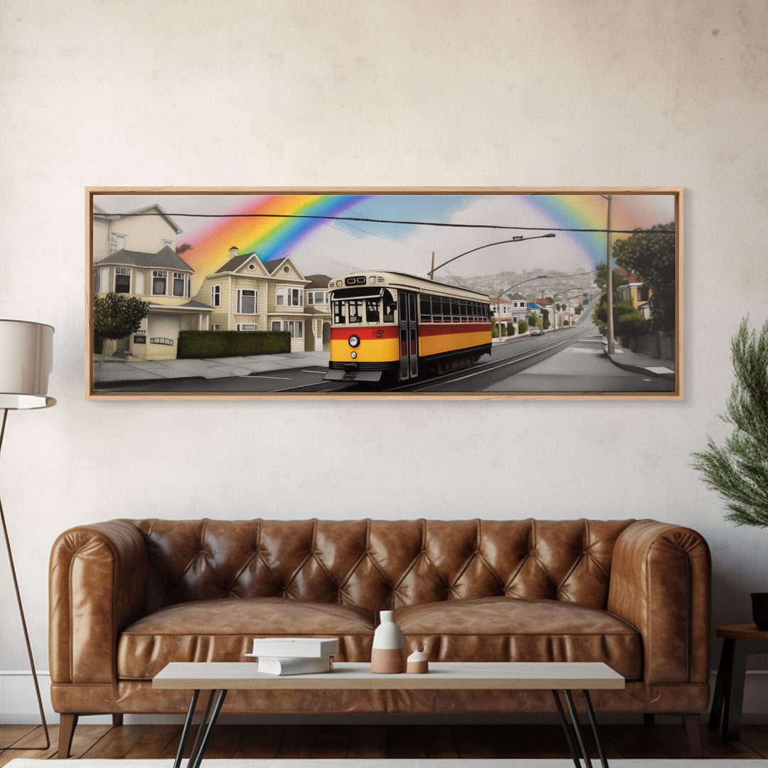 Rainbow Streetcar Canvas Print, Street Wall Decor, Urban Art, Large Canvas Print, Framed Art, Wall Decor, Panoramic, Wall Art, Canvas Print