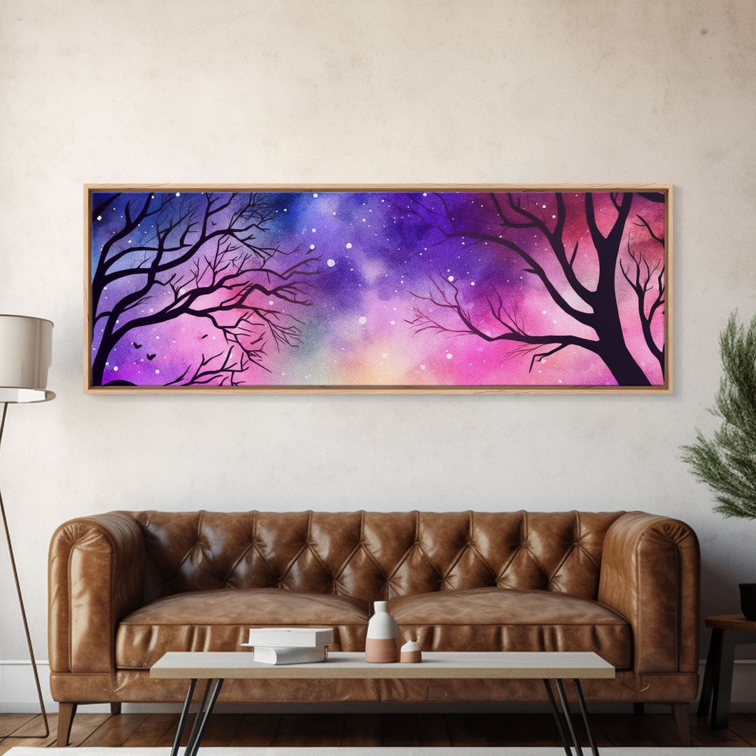 Watercolor Sky Wall Art, Purple Art, Pink Print, Fall Trees Art Canvas Print, Large Mixed Media Wall Art, Panoramic, Wall Art, Canvas Print