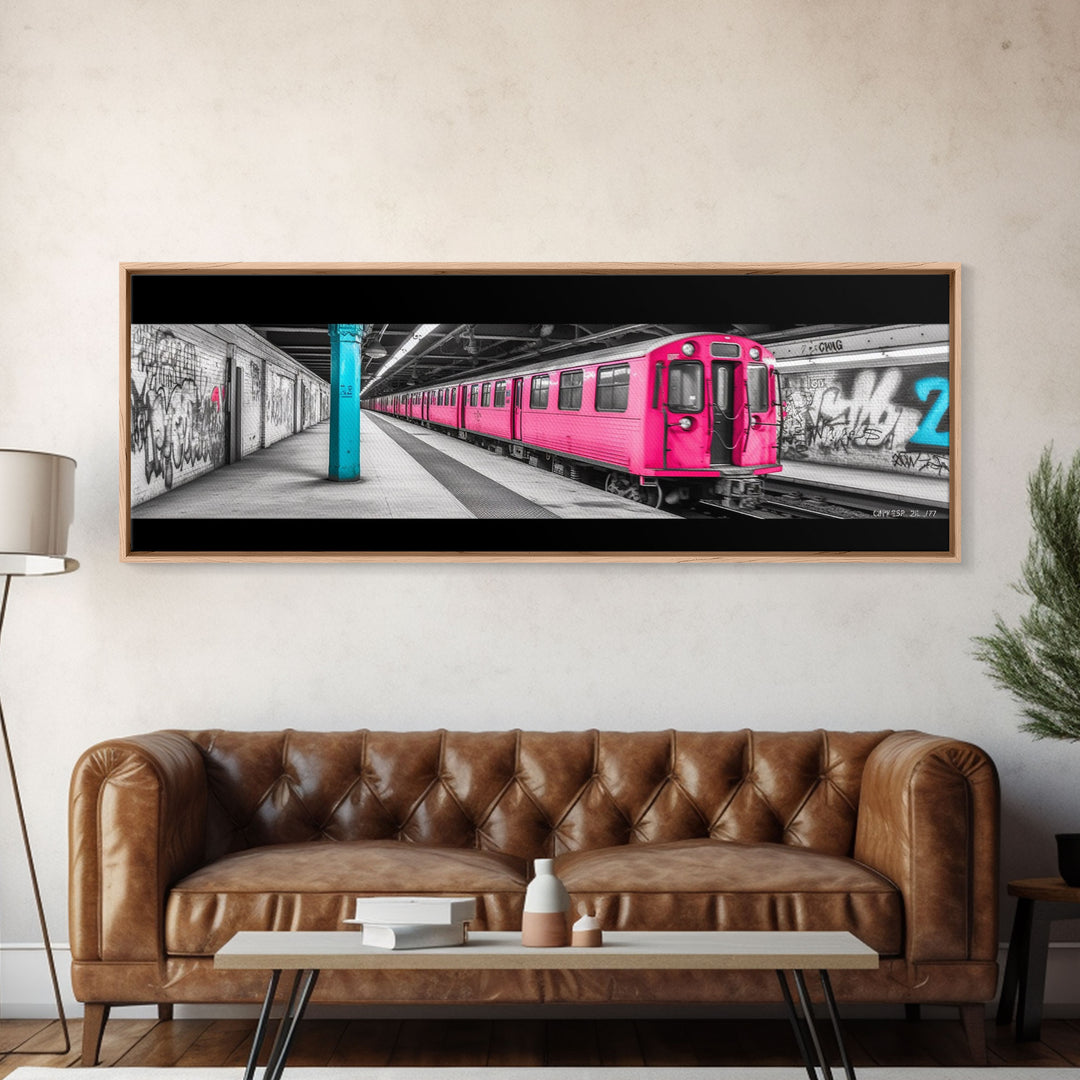 Graffiti On Subway Station, Graffiti Art Canvas, Pink Train, Wall Decor, Urban Art, Framed Canvas Print, Panoramic, Wall Art, Canvas Print