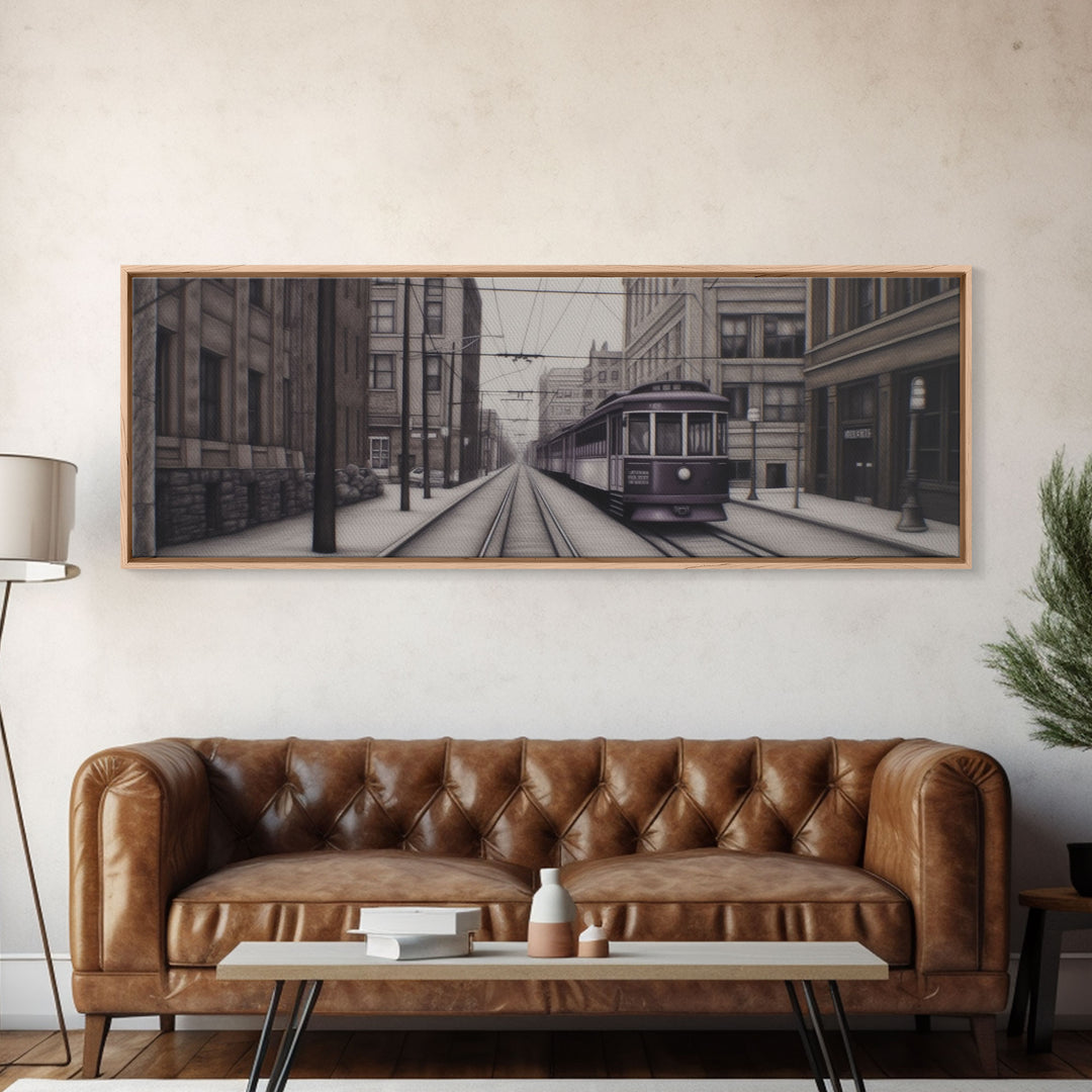 Streetcar Urban Art Print, Purple Train, Perspective Art, City Art, Urban Canvas Print, Panoramic, Wall Art, Canvas Print