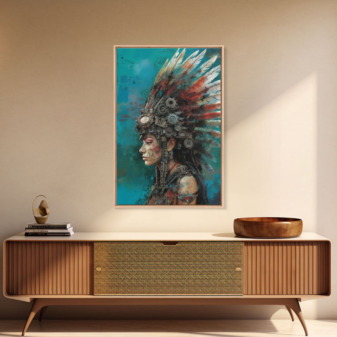 Steam Punk Native American Headdress, Framed Canvas Print, Abstract Art, Native American Futurism Art