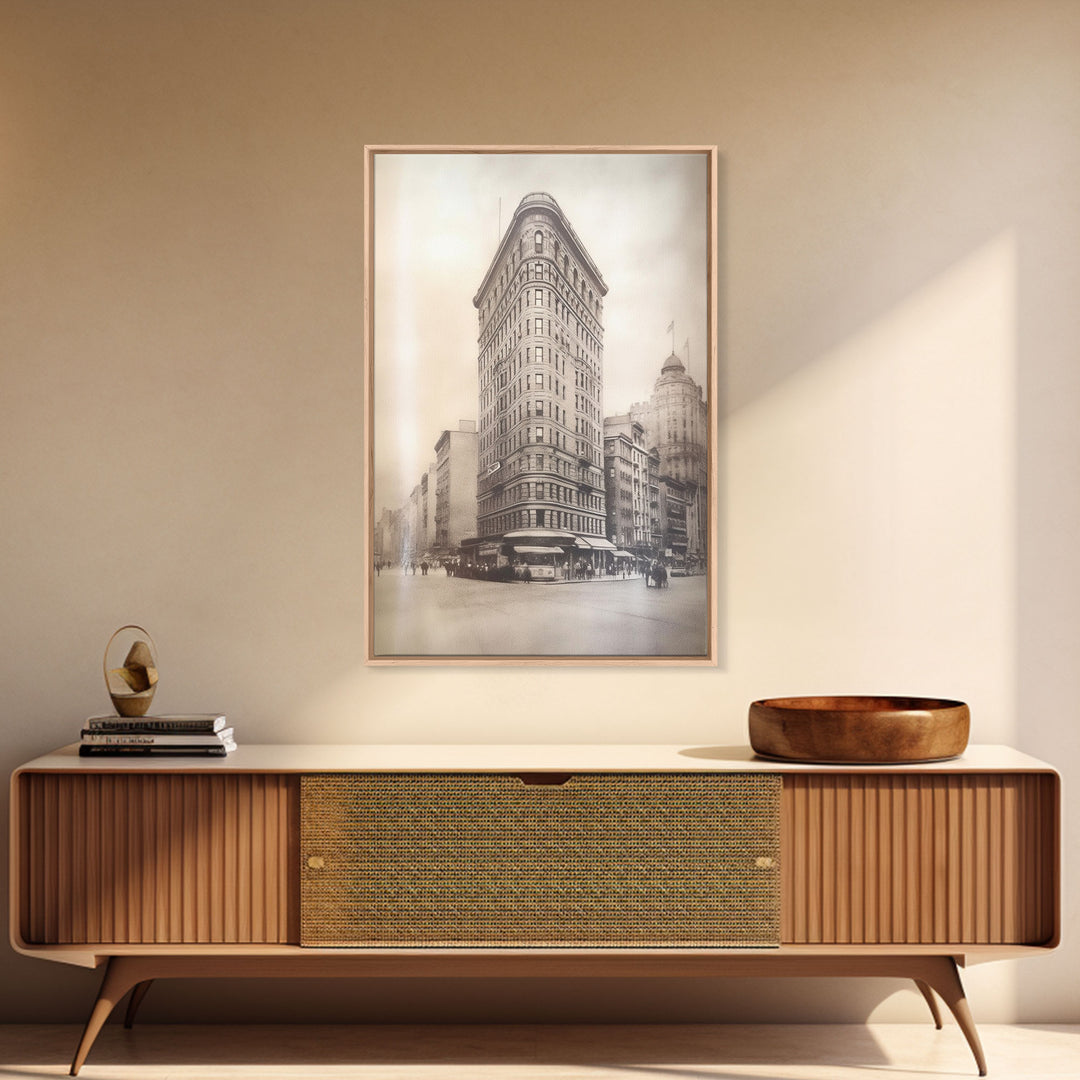 NYC Flat Iron, New York City Art, Framed Canvas Print, Charcoal Drawing, Original Art, Wall Decor, Black And White Art