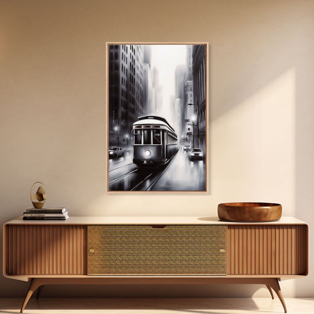 Brooklyn Street Car Trolley, Framed Canvas Print, Retro Charcoal Drawing of NYC in The Rain