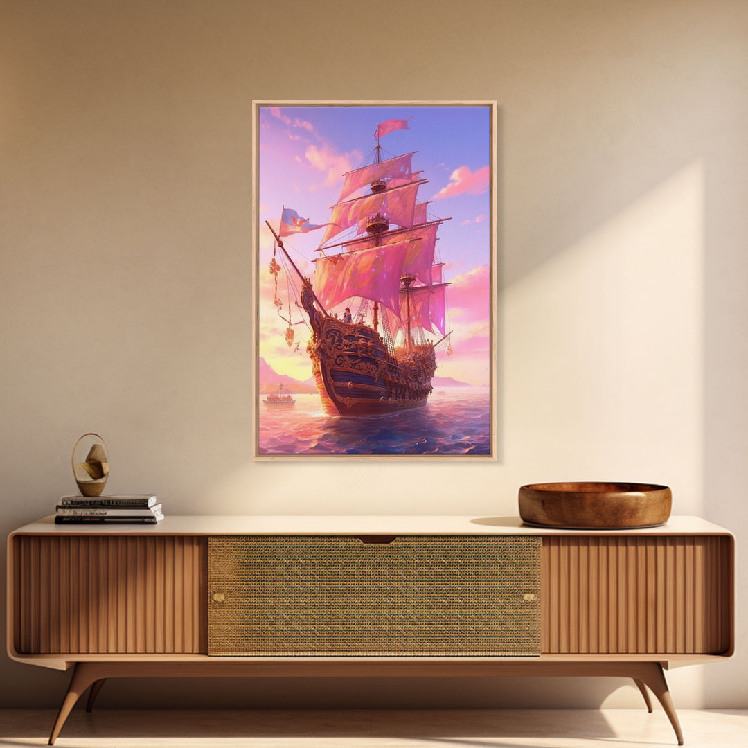 Gothic Pirate Ship at Sunset, Framed Canvas Print, Fantasy Wall Art, Wall Decor, Pirate Wal Art, Gift For Him, Kid's Room Art