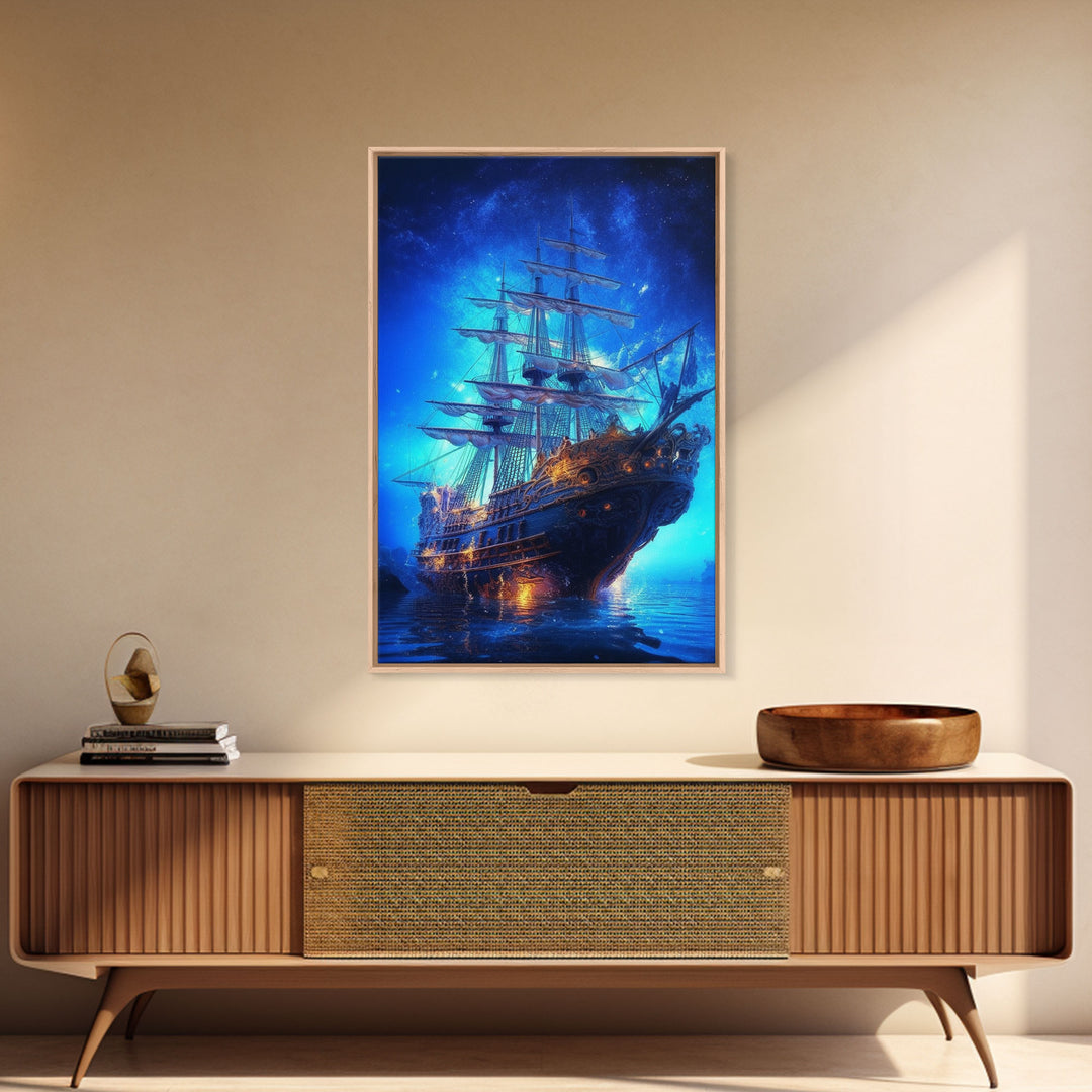 Haunted Pirate Ghost Ship Under The Night Sky, Framed Canvas Print, Fantasy Wall Art, Wall Decor, Pirate Wal Art, Gift For Him, Kid's Room