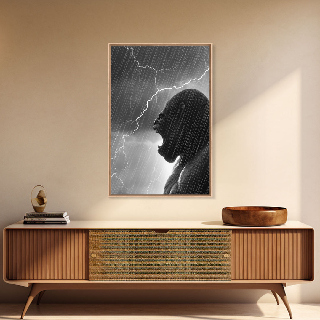 Gorilla Roaring In A Thunder Storm, Framed Canvas Print, Cool Wall Art, Ape Art