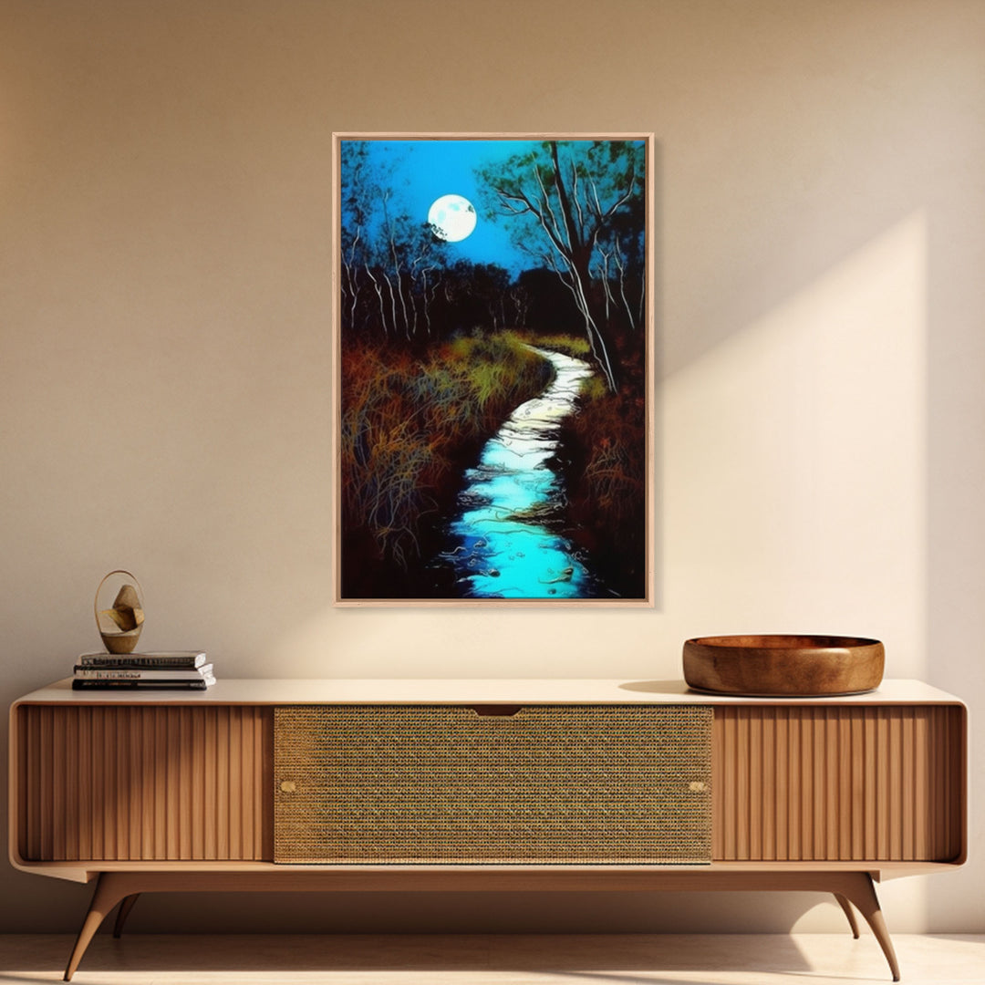 Spooky Art, Full Moon Over a Calm Stream At Night, Framed Canvas Print, Nature / Landscape Painting