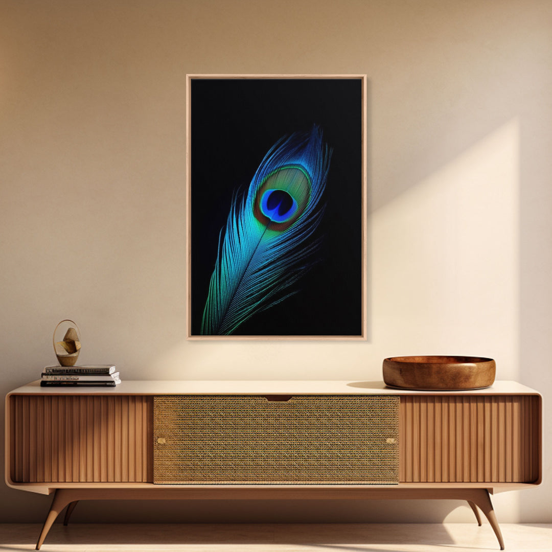 A Lone Peacock Feather, Framed Canvas Print, Feather Photography, Beautiful & Colorful Peacock Art