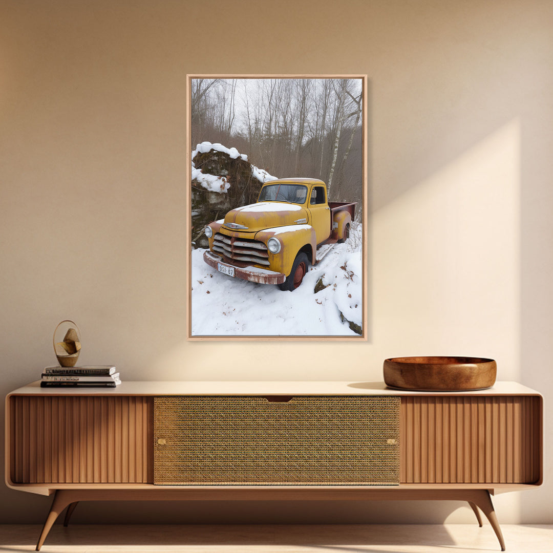 Vintage Snow Covered Chevy Truck, 1950s Truck, Framed Canvas Print, Rusty Truck Photography